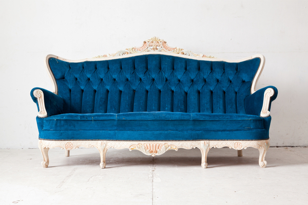 Blue Velvet Couch in the Family Room