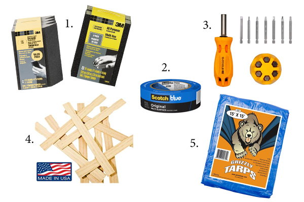 Chalk painting suppy list for Beginners includes Sanding Block, Blue Tape, Screwdriver, Paint sticks and blue tarp